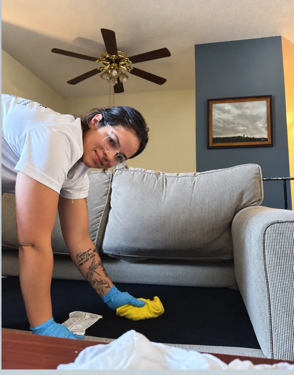 Lara carefully cleaning a sofa